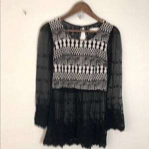 A'Reve Black Cream Dainty Lace Top long sleeve scoop neck sheer feminine sexy SM